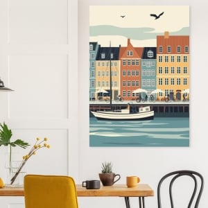 Copenhagen poster, Denmark city poster, Nyhavn illustration, modern Danish poster, colorful Danish art, Danish waterfront, poster with boats and city life, Copenhagen wall art