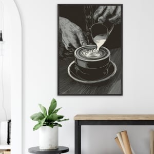 Barista Kaffe Poster – Latte Konst i Handritad Stil