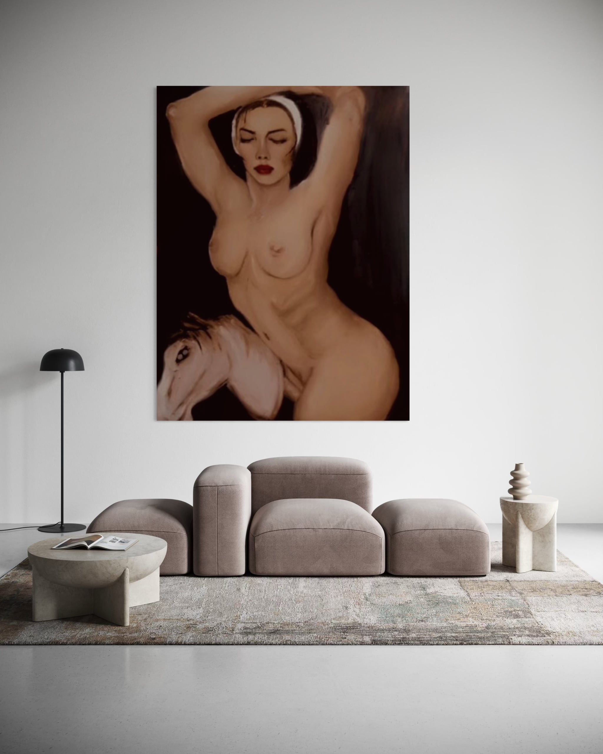 Dipinto sensuale e simbolico di una donna nuda con un cavallo. Un'opera d'arte potente ed elegante per case moderne, collezionisti e spazi esteticamente attenti.