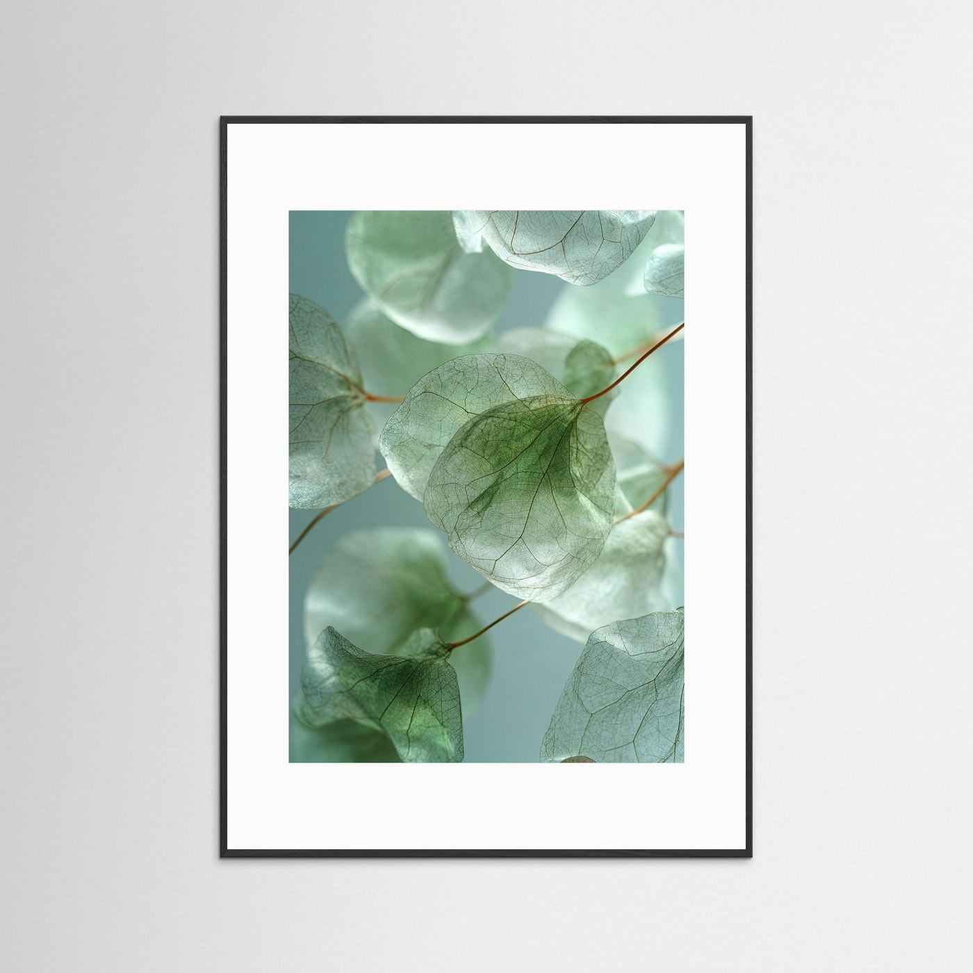 Foglie di eucalipto: poster che evoca la calma della natura, in diverse tonalità di verde.